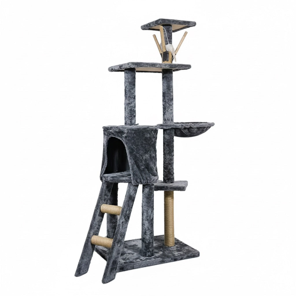 מתקן גירוד לחתולים בצבע אפור עם עמודי גירוד, בית מסתור, סולם וטופס ישיבה – מתאים לחתולים שאוהבים לטפס ולגרד
