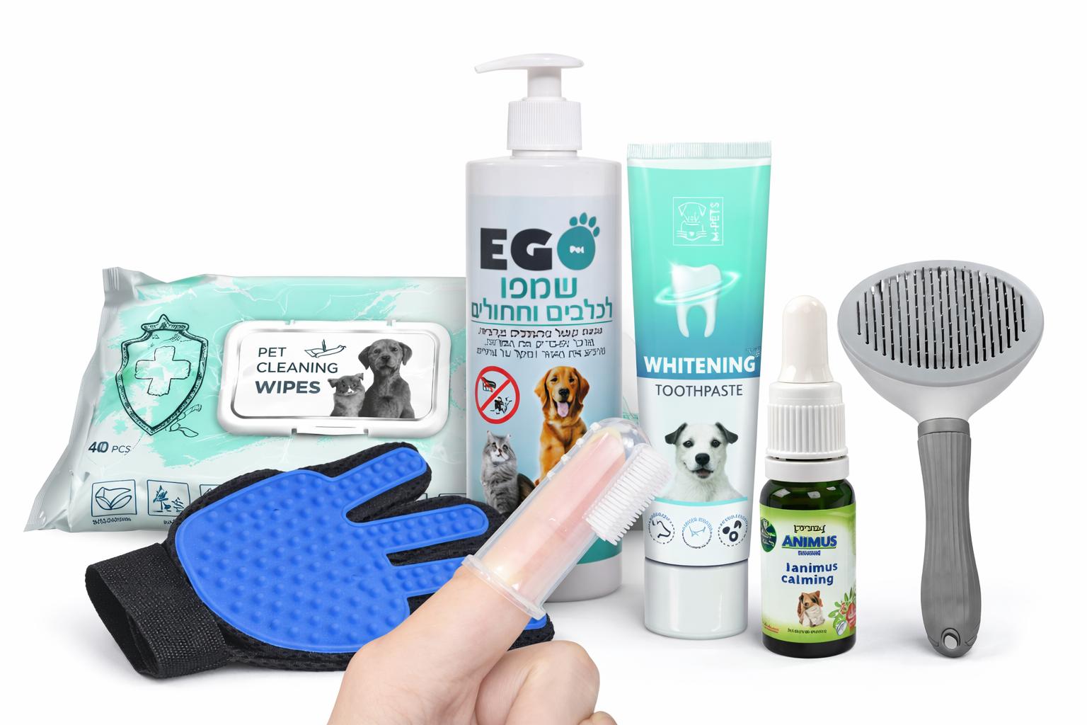 ערכת טיפוח לכלבים הכוללת שמפו, מברשת סירוק, משחת שיניים, מברשת שיניים אצבע, מגבונים אנטיבקטריאליים ושמן בישום