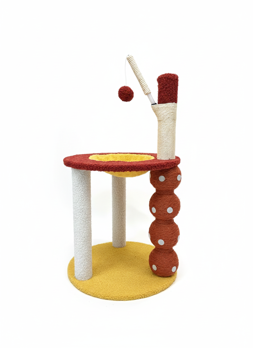 מתקן גירוד לחתולים מעוצב עם משטח רביצה וכדור משחק תלוי